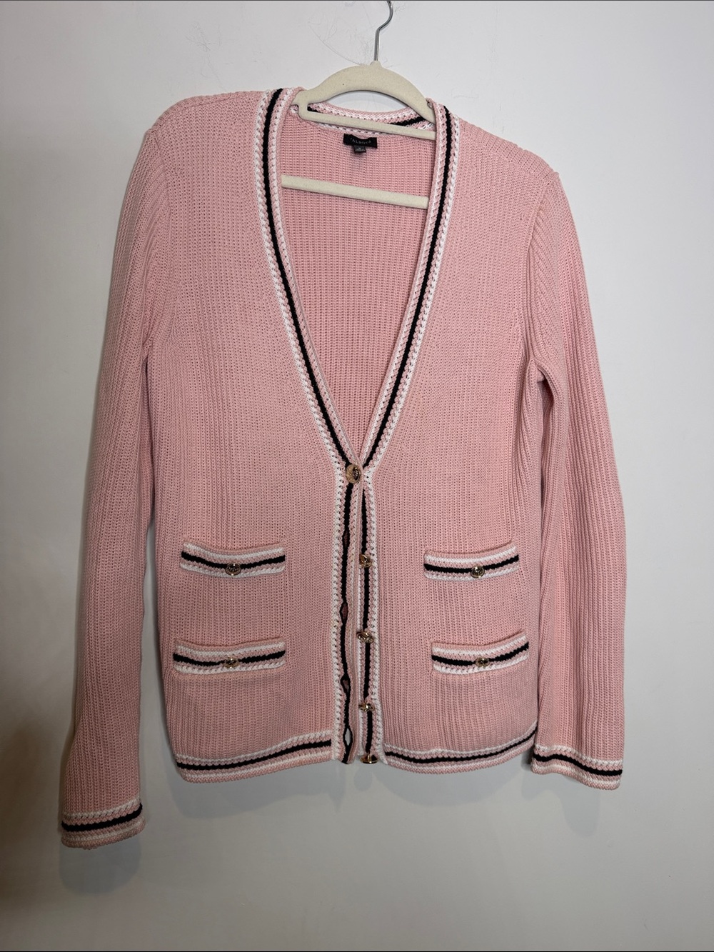Talbots M Pink Knit Cardigan Black Preppy 100% Cotton Office Work Clueless